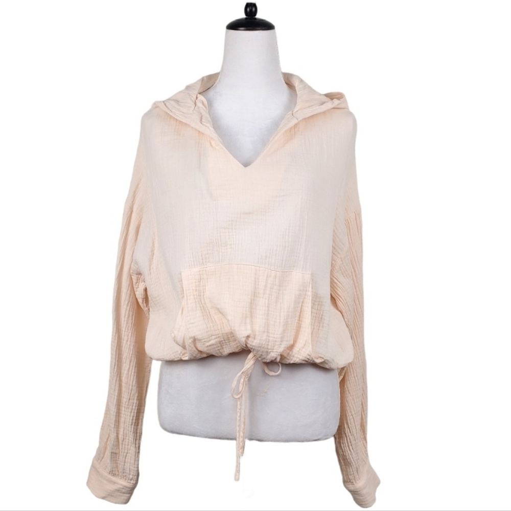 Morgan Claire Beige Top w/Hoodie 100% Cotton, Kangaroo Pocket, Size Large